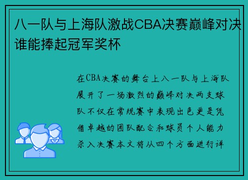 八一队与上海队激战CBA决赛巅峰对决谁能捧起冠军奖杯